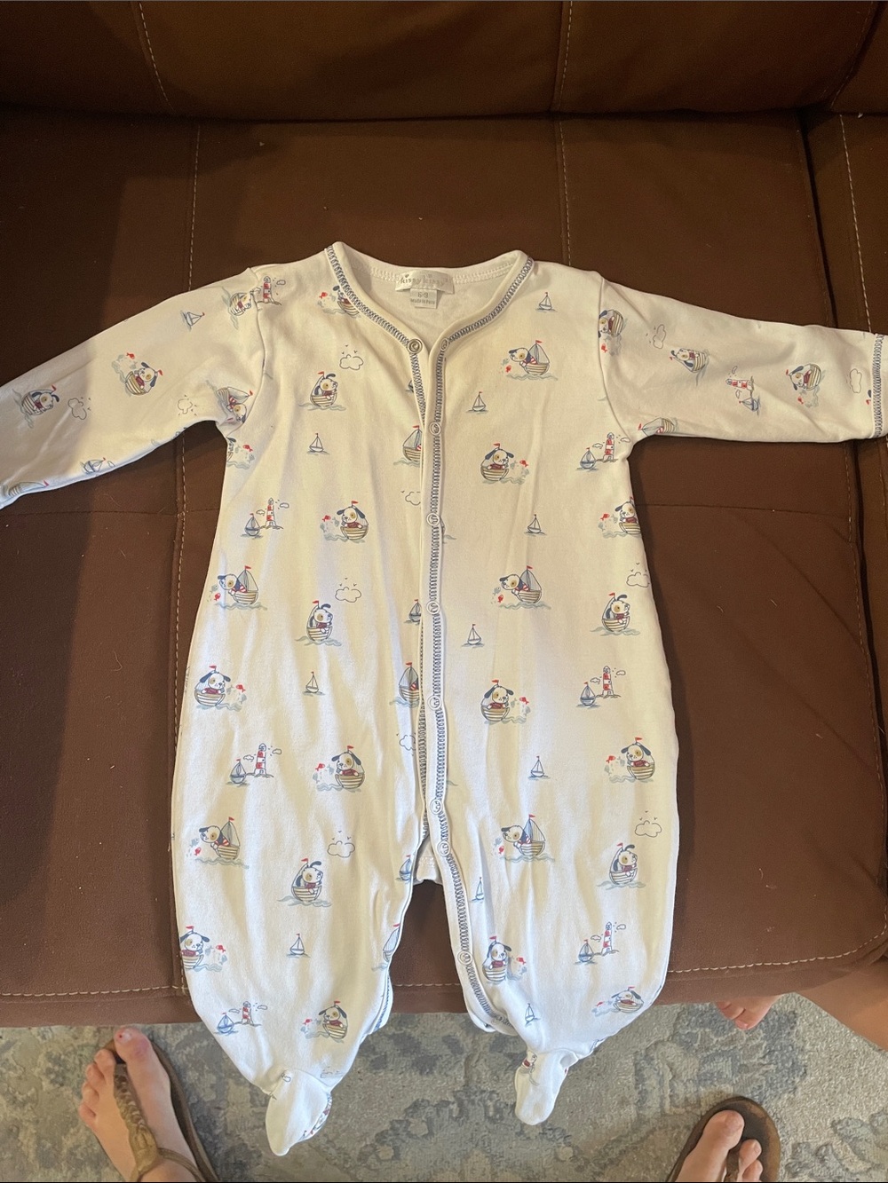 Baby Footie Pajama Sleepsuit in White with Nautical Print